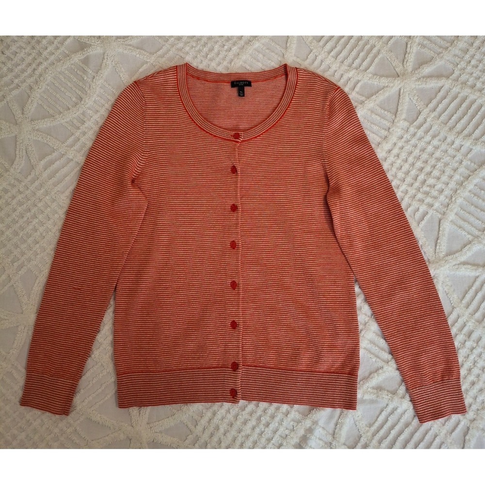 Talbots Womens Petite‎ Medium Cardigan Orange White Striped Metallic Sweater